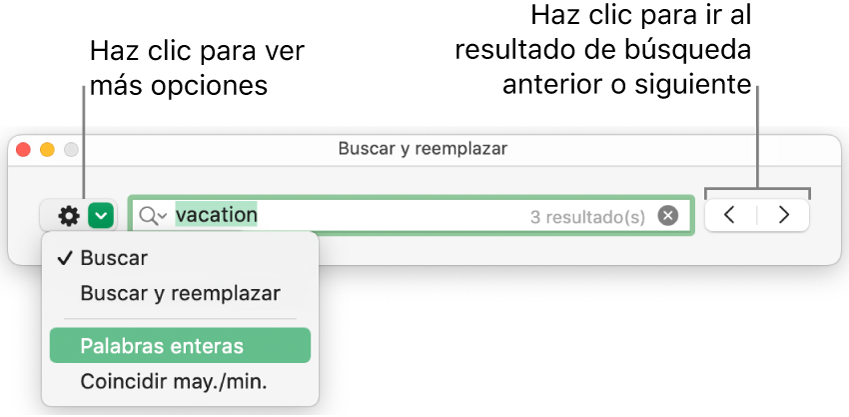 La ventana Buscar y reemplazar con un mensaje en el menú desplegable mostrando las opciones Buscar, Buscar y reemplazar, Reemplazar, Palabras enteras y Coincidir may./min. Las flechas ubicadas a la derecha permiten ir al resultado anterior o al siguiente.