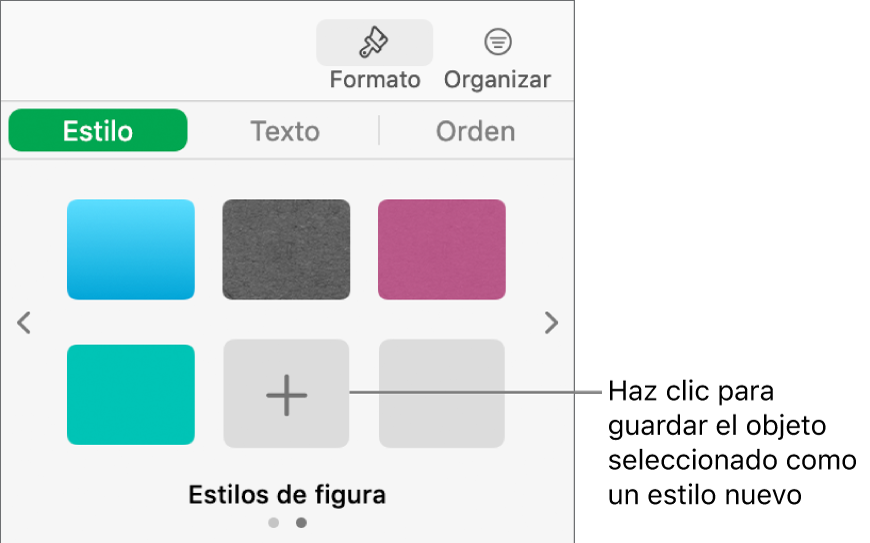 La pestaña Estilo de la barra lateral Formato con cuatro estilos de imagen, el botón Crear estilo y un marcador de posición de estilo vacío.