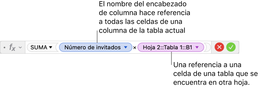 El editor de fórmulas con una fórmula que hace referencia a una columna de una tabla y una celda de otra tabla.