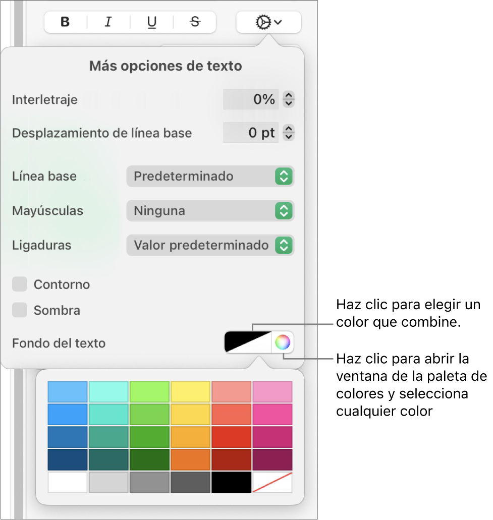 Controles para seleccionar un relleno de texto.