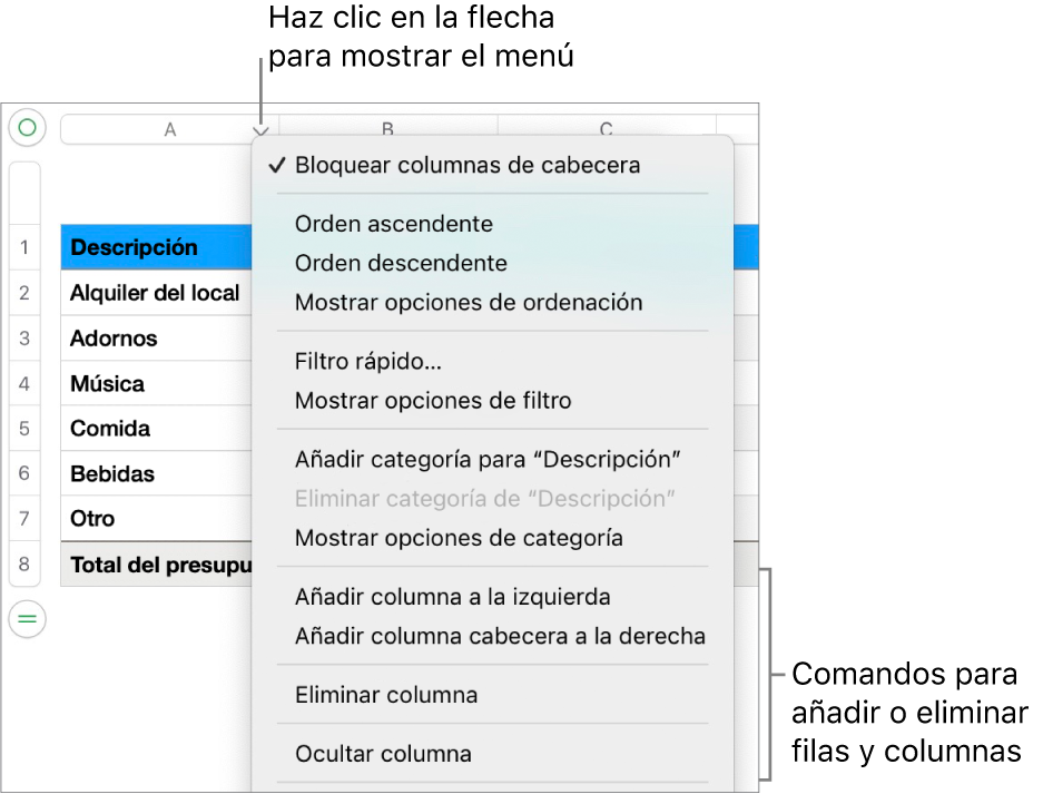 El menú de columna de tabla con comandos para añadir o eliminar filas y columnas.