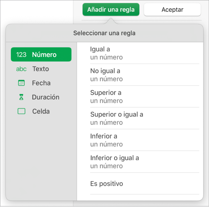 Tipos de reglas de resaltado de celdas.