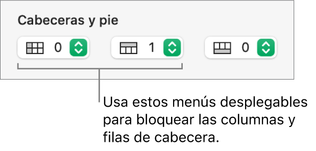 Menús desplegables para añadir columnas y filas de cabecera y pie de página a una tabla y para congelar columnas y filas de cabecera.