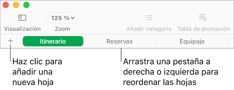 La barra de pestañas para añadir una nueva hoja y reorganizar las hojas.