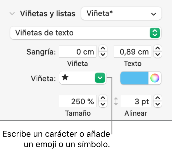 La sección de viñetas y listas de la barra lateral Formato. El campo Viñeta muestra un emoji de una estrella.