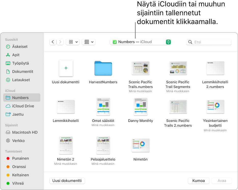 Avaa-valintaikkuna, jossa on sivupalkki avattuna vasemmalla ja iCloud Drive valittuna ponnahdusvalikossa ylhäällä. Valintaikkunassa näkyvät Keynote-, Numbers- ja Pages-kansiot sekä Uusi dokumentti ‑painike.