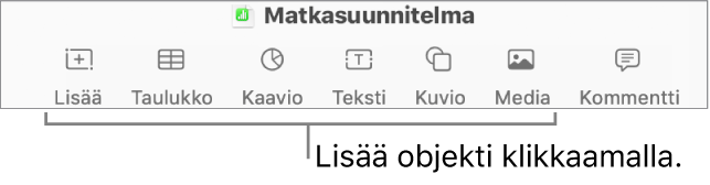 Numbers-ikkuna, jossa on selitteitä työkalupalkin objektipainikkeille.