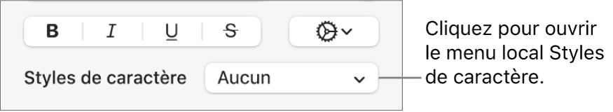 Le menu contextuel Styles de caractère.