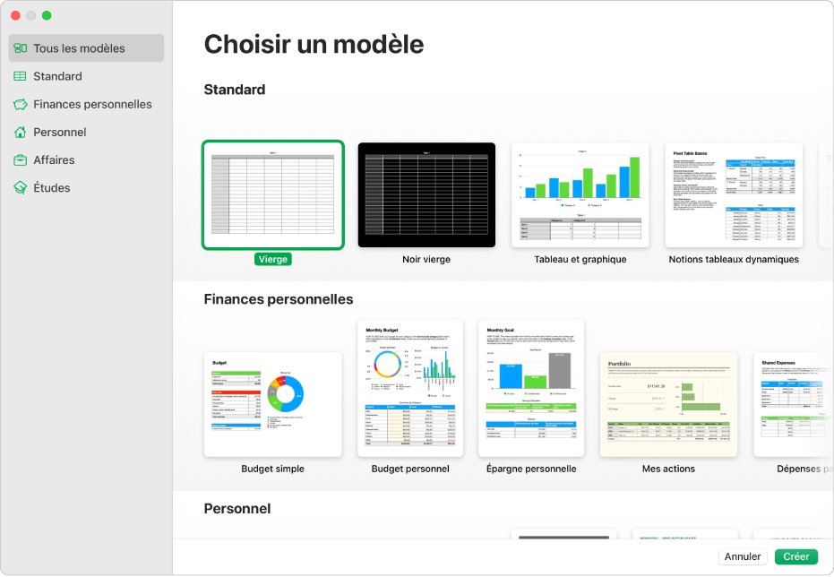 Le sélecteur de modèles. La barre latérale située à gauche présente des catégories de modèle sur lesquelles vous pouvez cliquer pour filtrer les options. Sur la droite, des vignettes de modèles prédéfinis sont disposées en rangées par catégorie, en commençant en haut par Récents, suivi de Standard et de Finances personnelles. Le menu contextuel Langue et région se trouve dans le coin inférieur gauche, et les boutons Annuler et Créer dans le coin inférieur droit.