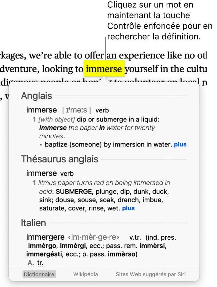 Un texte avec un mot surligné et une fenêtre contenant sa définition et des synonymes. Trois boutons en bas de la fenêtre fournissent des liens vers le dictionnaire, Wikipédia et les sites Web suggérés par Siri.