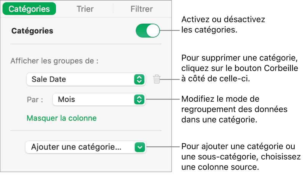 La barre latérale des catégories avec des options pour désactiver des catégories, supprimer des catégories, regrouper des données, masquer une colonne source et ajouter des catégories.