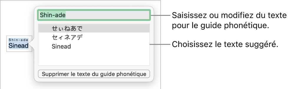 Le guide phonétique ouvert pour un mot, accompagné de légendes traitant du champ de texte et du texte suggéré.