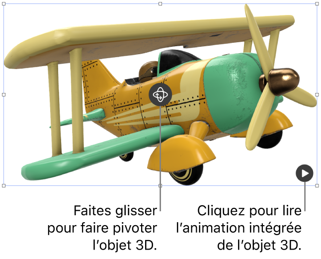 Un objet 3D avec le bouton « Faire pivoter » au centre de l’objet, et le bouton Lecture dans le coin inférieur droit.