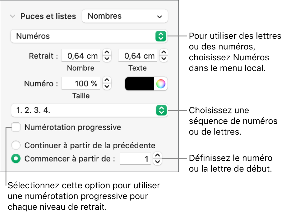 Commandes de modification du style de numérotation et de l’espacement d’une liste.