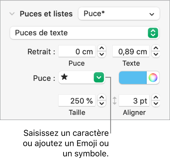 La section « Puces et listes » de la barre latérale Format. Le champ Puce affiche un Emoji en forme d’étoile.