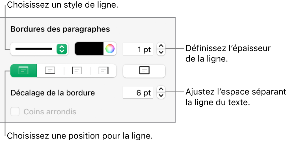 Commandes permettant de modifier le style, l’épaisseur, la position et la couleur de la ligne.