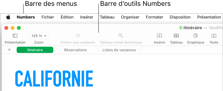 La barre des menus en haut de l’écran avec les menus Pomme, Numbers, Fichier, Édition, Insertion, Tableau, Organiser, Format, Disposition, Présentation, Fenêtre et Aide. Sous la barre des menus, une feuille de calcul Numbers ouverte avec une barre d’outils supérieure proposant les boutons Présentation, Zoom, Ajouter une catégorie, Tableau croisé dynamique, Insérer, Tableau, Graphique et Texte.