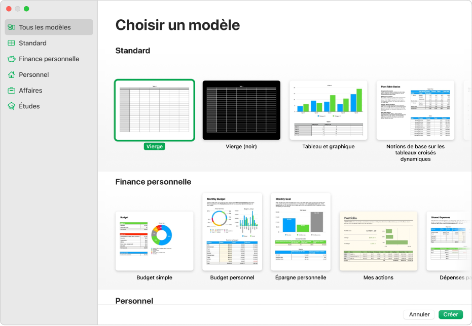 Liste de modèles. La barre latérale située à gauche présente des catégories de modèle sur lesquelles vous pouvez cliquer pour filtrer les options. Vous trouverez à droite les vignettes des modèles prédéfinis disposées en rangs par catégorie.