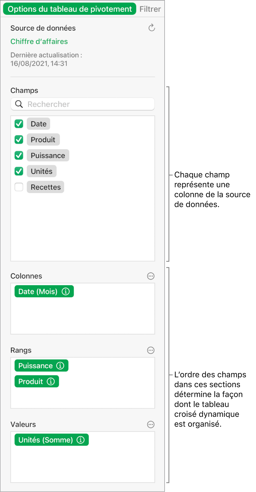 Le menu « Options dynamiques » affichant des champs dans les sections Colonnes, Rangs et Valeurs, ainsi que des commandes permettant de modifier les champs et d’actualiser le tableau croisé dynamique.