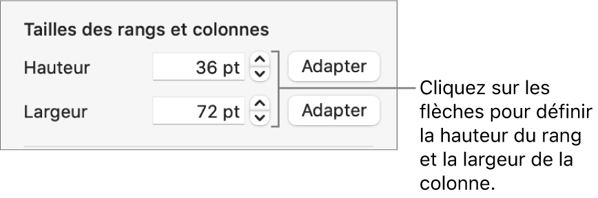 Commandes permettant de définir une taille précise de rang ou de colonne.