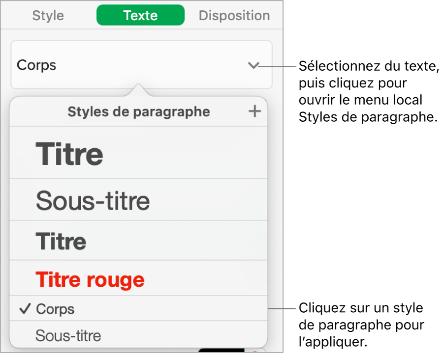 Le menu « Styles de paragraphe » avec une coche en regard du style sélectionné.