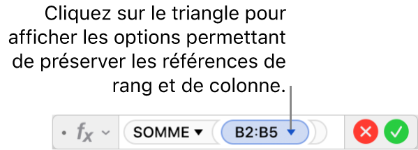 L’éditeur de formules avec un triangle sur lequel vous pouvez cliquer pour afficher les options permettant de conserver les références de rang et de colonne.