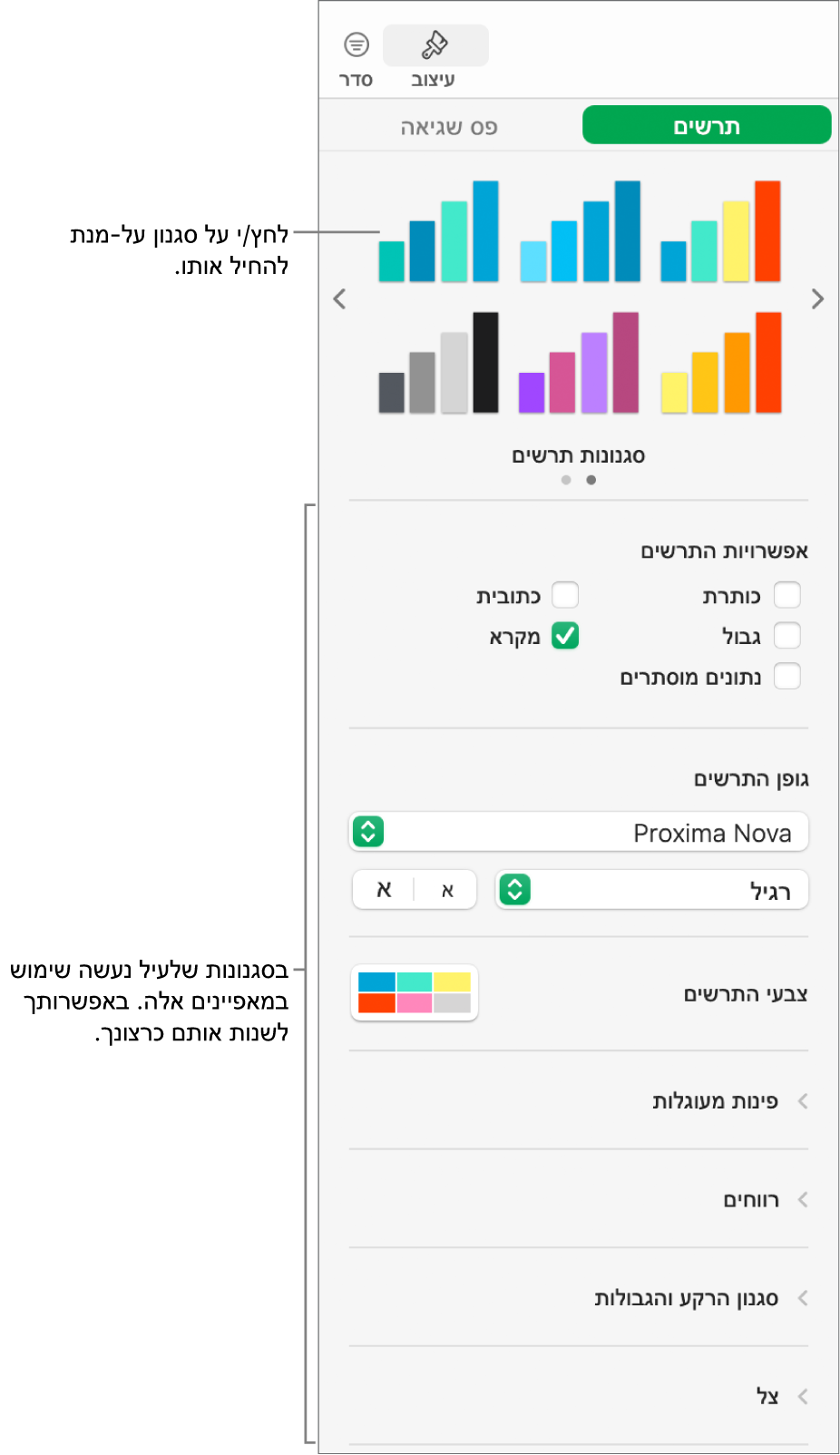 סרגל הצד ״עיצוב״ מציג את כלי הבקרה לעיצוב תרשימים.