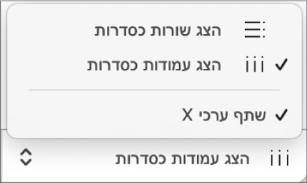 התפריט הקופצני לבחירה אם להציג שורות או עמודות כסדרה.