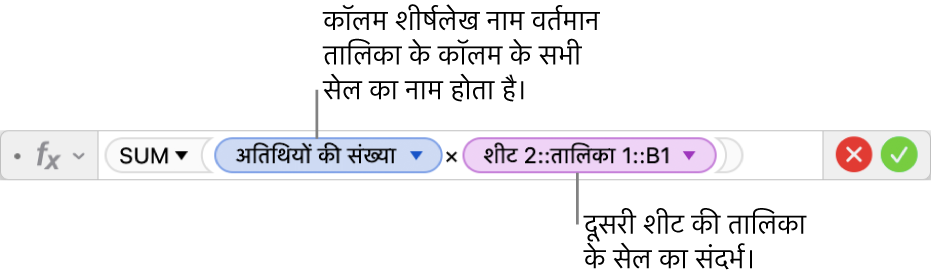 एक टेबल के कॉलम और दूसरे टेबल के सेल का संदर्भ देने वाला फ़ॉर्मूला दिखाता फ़ॉर्मूला संपादक।