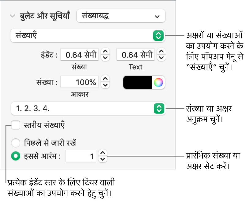 सूची की संख्या शैली और रिक्ति बदलने के लिए नियंत्रण।