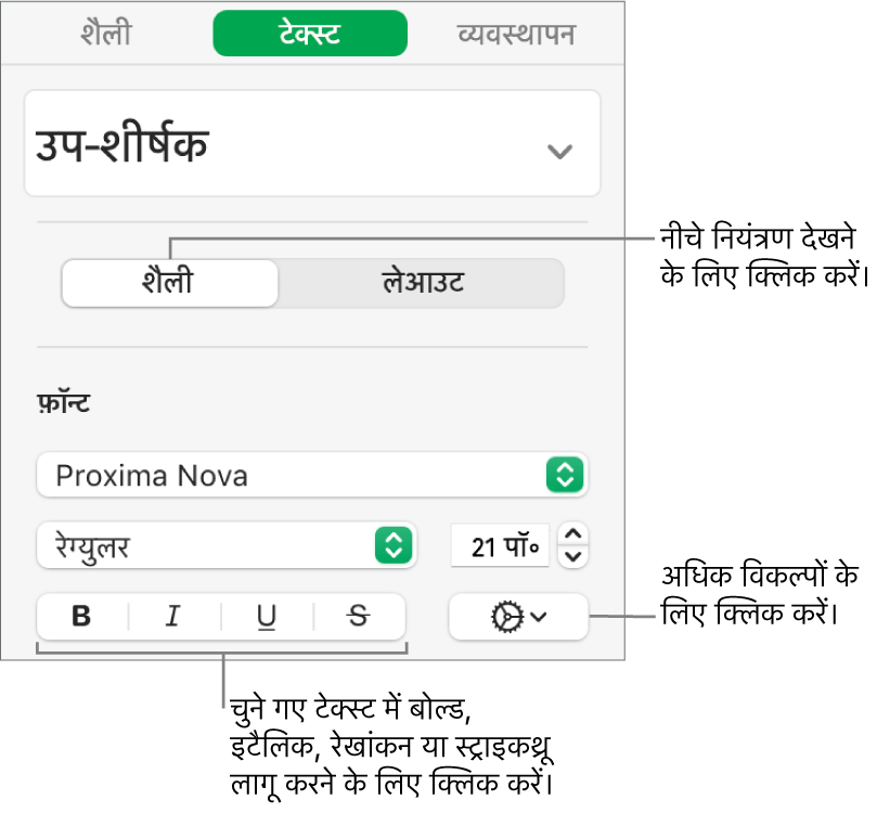 बोल्ड, इटैलिक, रेखांकन और स्ट्राइकथ्रू बटन में कॉलआउट वाले “फ़ॉर्मैट” साइडबार के शैली नियंत्रण।