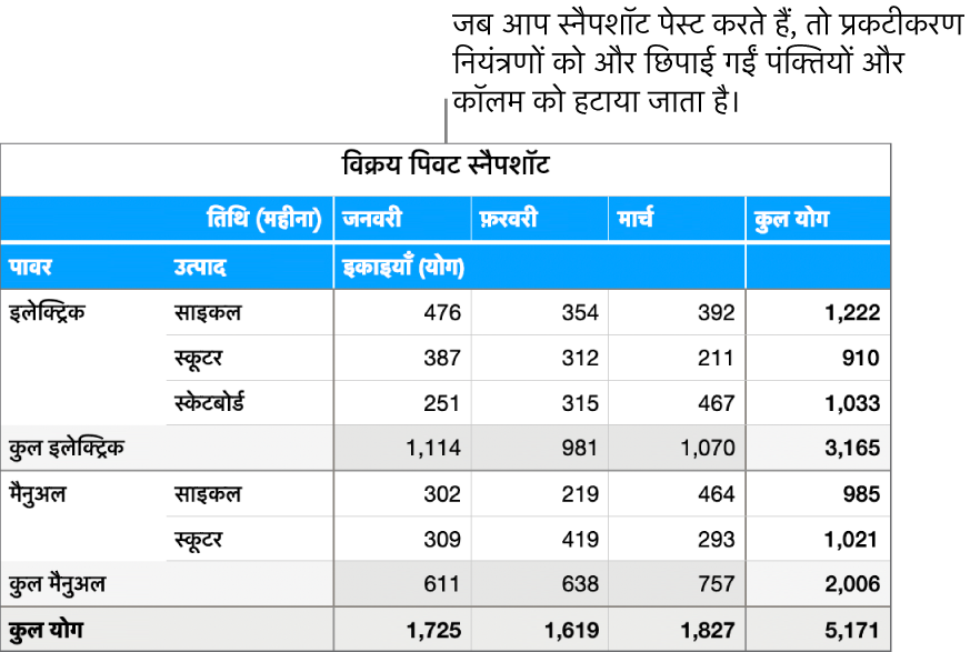 पिवट टेबल स्नैपशॉट।