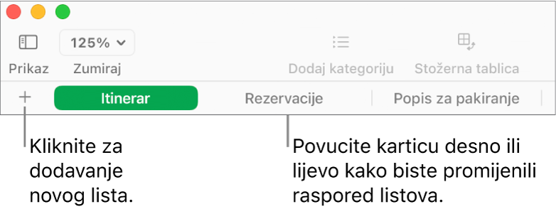 Traka s karticama za dodavanje novog lista i promjenu rasporeda listova.