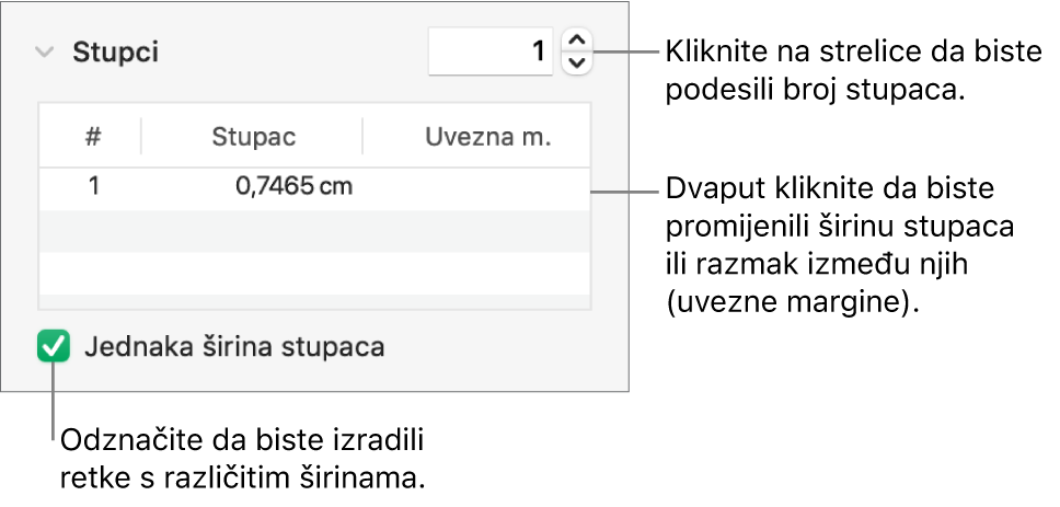 Kontrole u odjeljku sa stupcima koje služe za promjenu broja stupaca i širine svakog stupca.