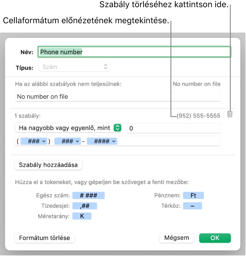 Egyéni számcellaformátum, szabályokkal.