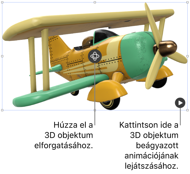 Egy 3D-objektum, az objektum közepén a forgatás gombbal, és a jobb alsó sarokban a lejátszás gombbal.