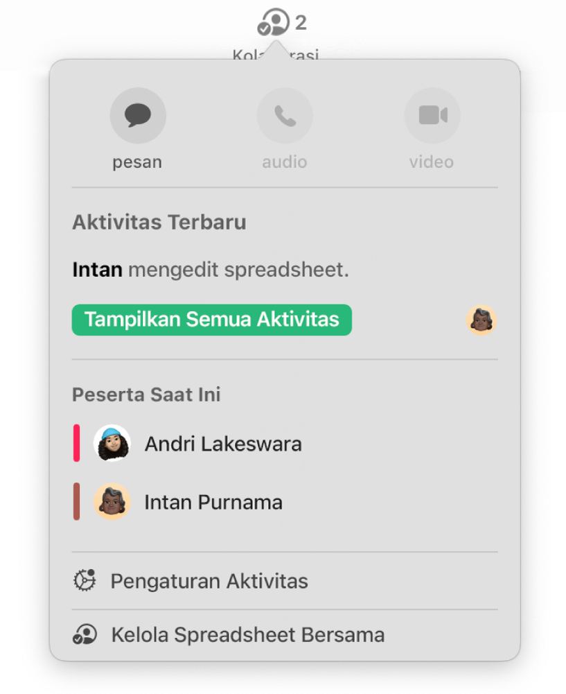 Menu kolaborasi menampilkan nama orang yang berkolaborasi di spreadsheet.