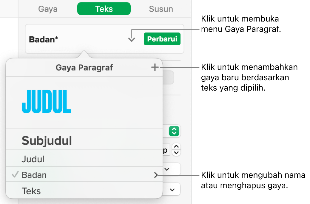 Menu Gaya Paragraf, menampilkan kontrol untuk menambahkan atau mengubah gaya.