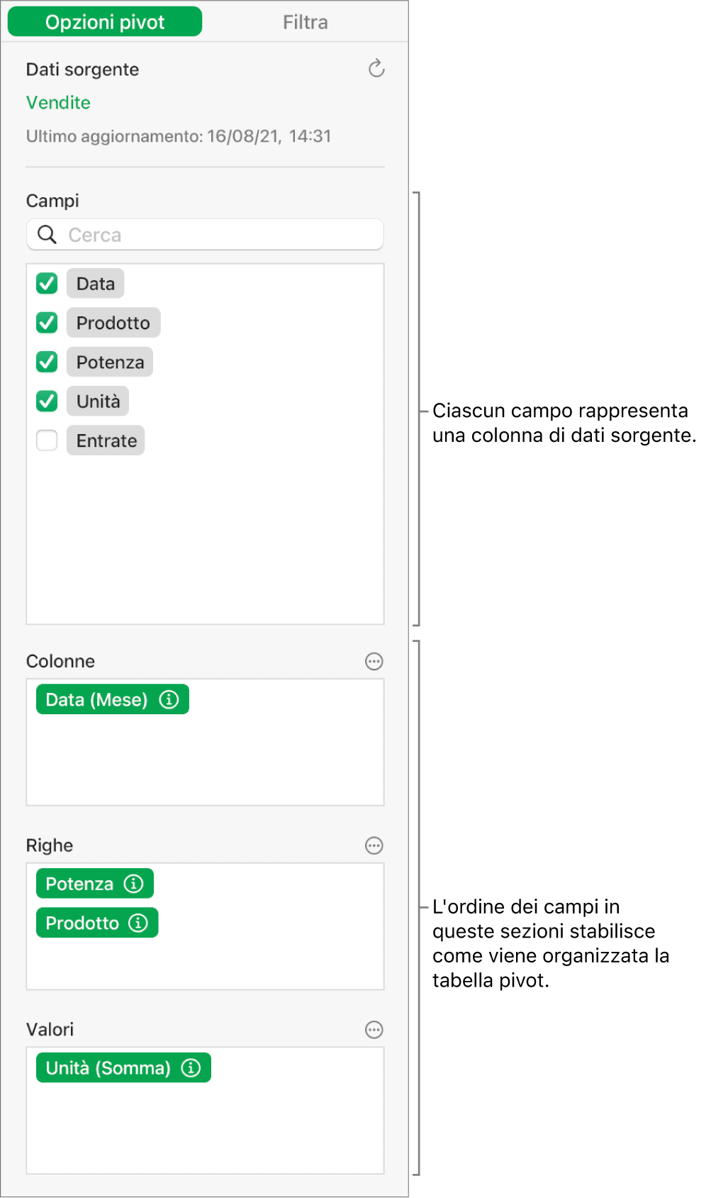 Il menu “Opzioni pivot” che mostra campi nelle sezioni Colonne, Righe e Valori, nonché i controlli per modificare i campi e aggiornare la tabella pivot.