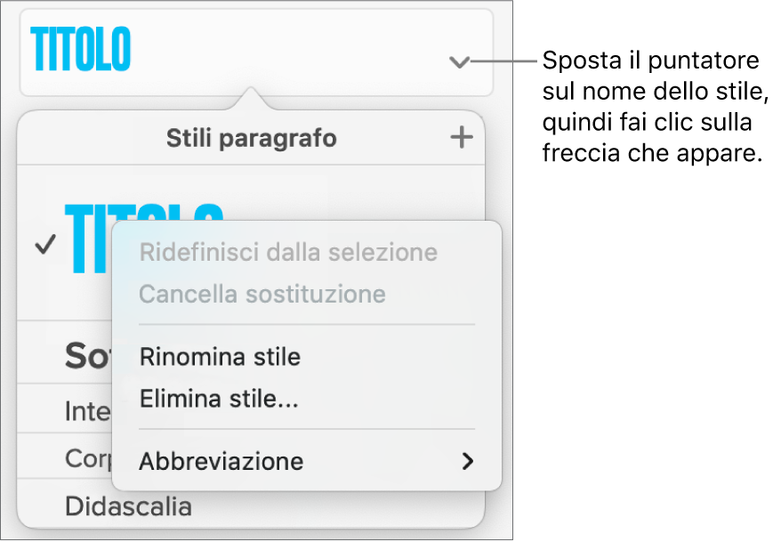 Il menu “Stili Paragrafo” con il menu di scelta rapida aperto.