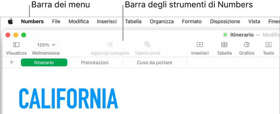 La barra dei menu nella parte superiore dello schermo con i menu Apple, Numbers, File, Modifica, Inserisci, Tabella, Organizza, Formato, Disposizione, Visualizza, Finestra e Aiuto. Sotto alla barra dei menu è presente un foglio di calcolo Numbers con i pulsanti della barra strumenti Visualizza, Ridimensiona, “Aggiungi categoria”, “Tabella pivot”, Inserisci, Tabella, Grafico e Testo nella parte superiore.