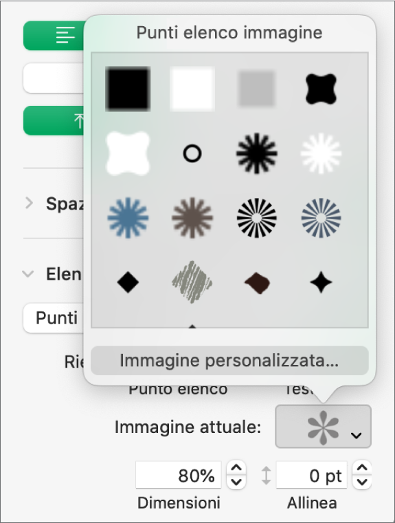 Il menu a comparsa “Punti elenco immagine”.