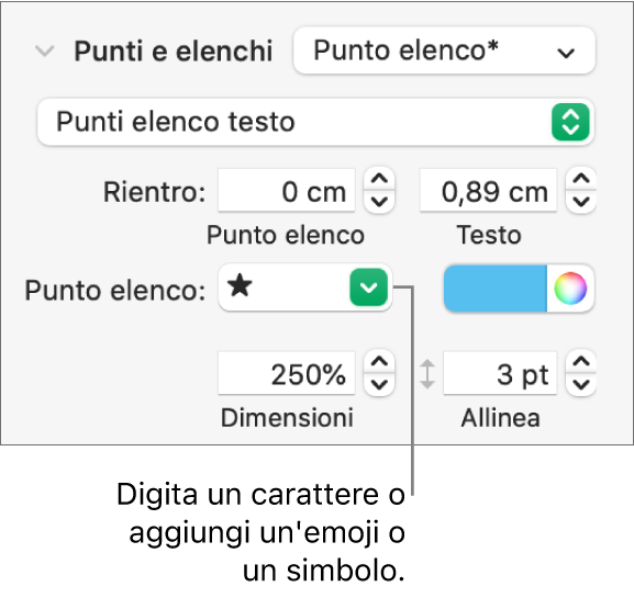 La sezione “Elenchi puntati” della barra laterale Formato. Nel campo “Punto elenco” viene visualizzata l’emoji di una stella.