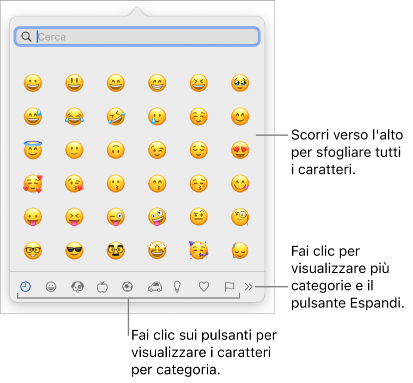 Finestra dei caratteri speciali con le emoticon, i pulsanti per i diversi tipi di simboli nella parte inferiore e la didascalia di un pulsante per mostrare l’intera finestra dei caratteri.