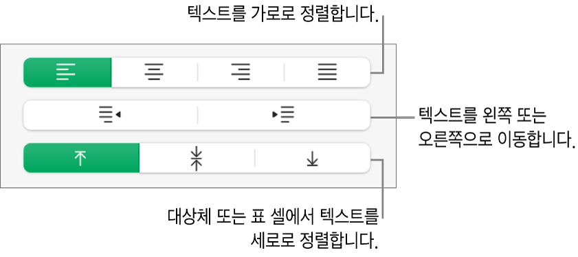 텍스트 정렬 버튼에 설명이 있는 포맷 사이드바의 정렬 섹션.