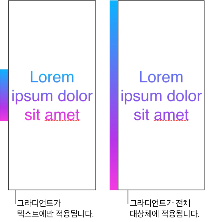 나란히 보기의 예시. 첫 번째 예시는 텍스트에만 그라디언트가 적용되어 전체 색상 스펙트럼이 텍스트에 표시된 텍스트를 보여줍니다. 두 번째 예시는 옆의 전체 대상체에 그라디언트가 적용되어 색상 스펙트럼의 일부만 텍스트에 표시된 텍스트를 보여줍니다.