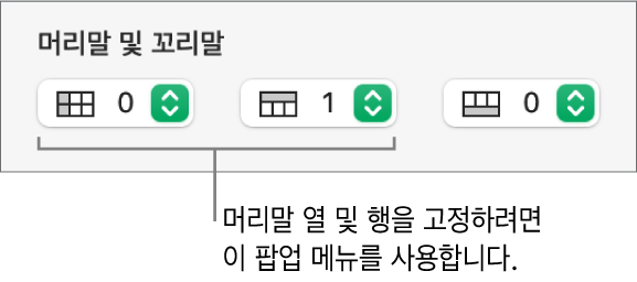 머리말 및 꼬리말 열 및 행을 표에 추가하고 머리말 행과 열을 고정할 수 있는 팝업 메뉴.