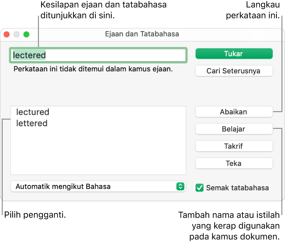 Tetingkap Ejaan dan Tatabahasa.