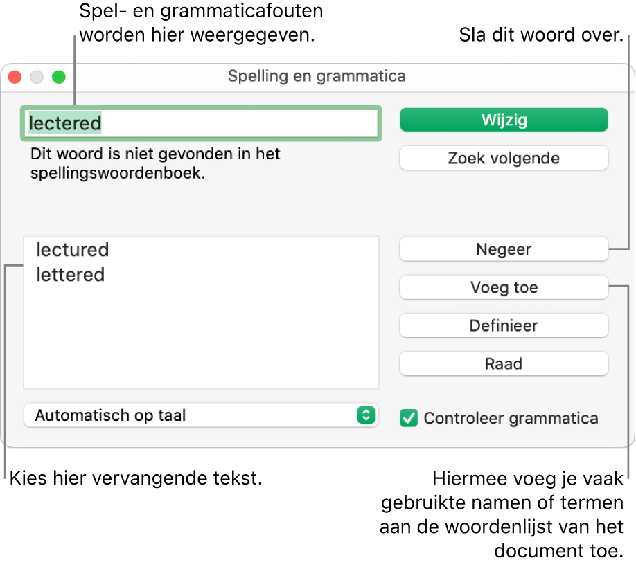 Het venster 'Spelling en grammatica'.