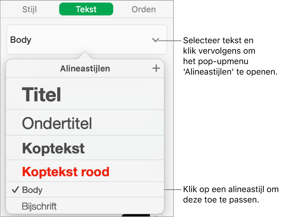 Het menu 'Alineastijlen' met een vinkje naast de geselecteerde stijl.